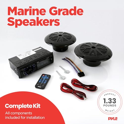 Pyle Marine Headunit Receiver Speaker Kit - In-Dash LCD Digital Stereo Built-in Bluetooth & Microphone w/ AM FM Radio System 5.25’’ Waterproof Speakers (2) MP3/SD Readers & Remote Control-PLMRKT46BK
