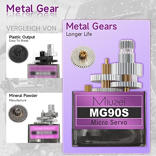 Miuzei MG90S 9G Micro Servo Motor Metal Gear for RC Plane Robot Arduino (4) | 2.0 kg.cm Torque, 0.08sec/60°Speed. 9 gram Mini Digital 180 Degree Steering Servo Kit for Helicopter Airplane Car Boat Diy