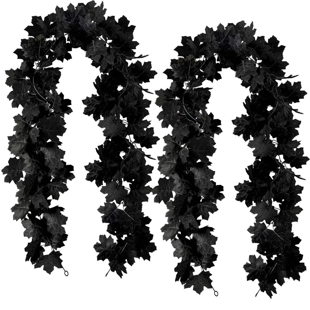 2Pcs Black Maple Leaf Garland Halloween Artificial Fall Leave Vines | 11.8FT, Fall Floral Garlands Thanksgiving Decor for Home Wedding Party