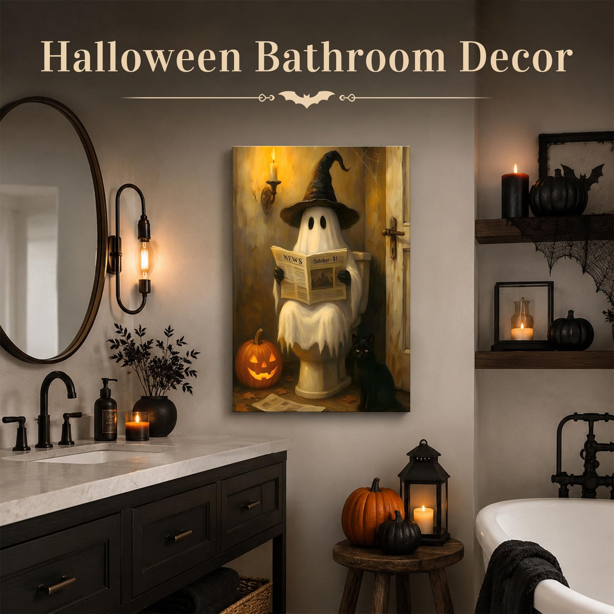 Framed Halloween Ghost Bathroom Canvas Wall Art 8x12 In, Funny Spooky Toilet Scene Canvas Prints Artwork, Dark Halloween Wall Decor Pictures for Office Home Decoration
