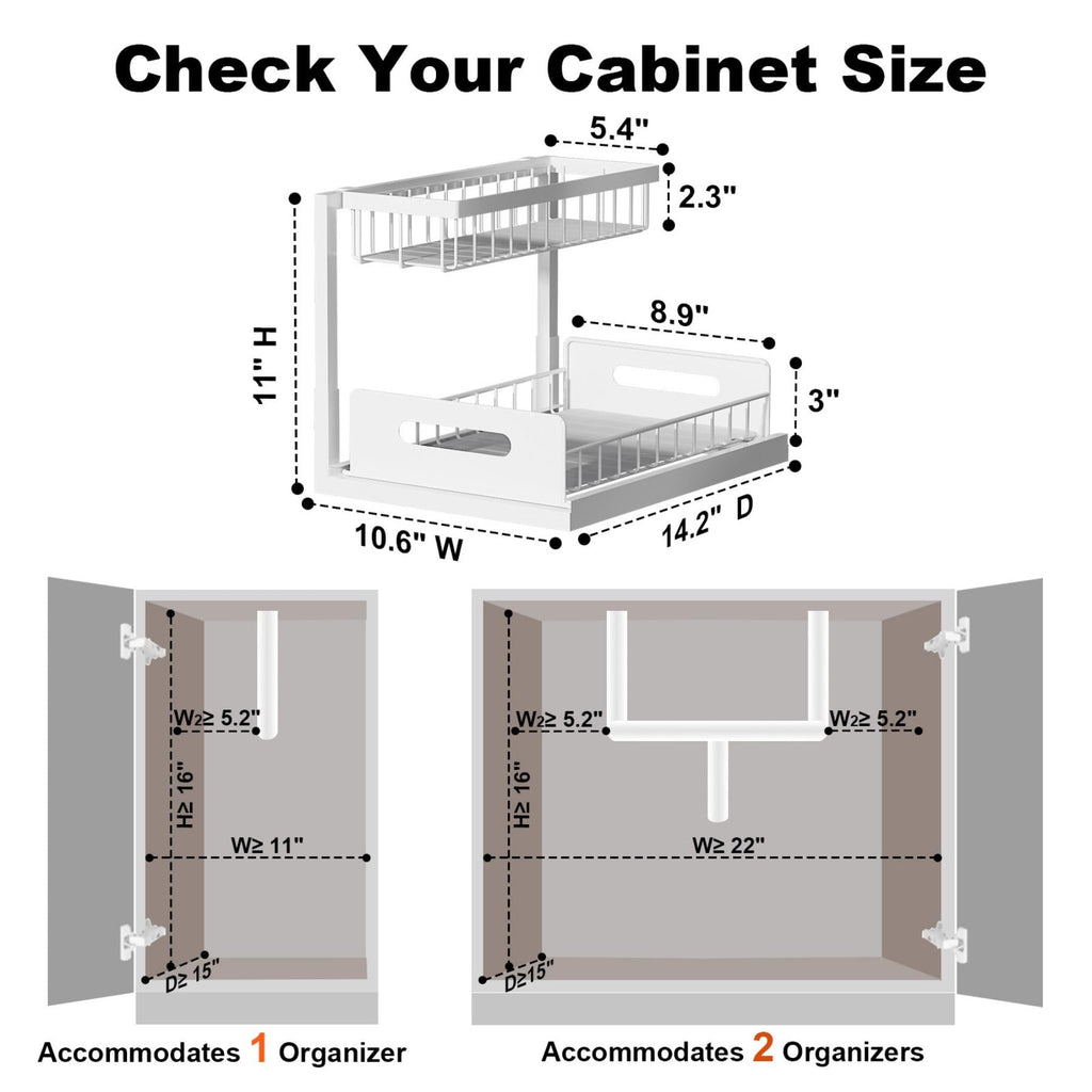 REALINN Under Sink Organizer, L-Shaped 2 Tier Pull Out Cabinet Organizer | Slide Out Under Cabinet Storage, For Kitchen and Bathroom, Metal Under Sink Storage with Sliding Drawer, 50 lbs, White 2 Pack