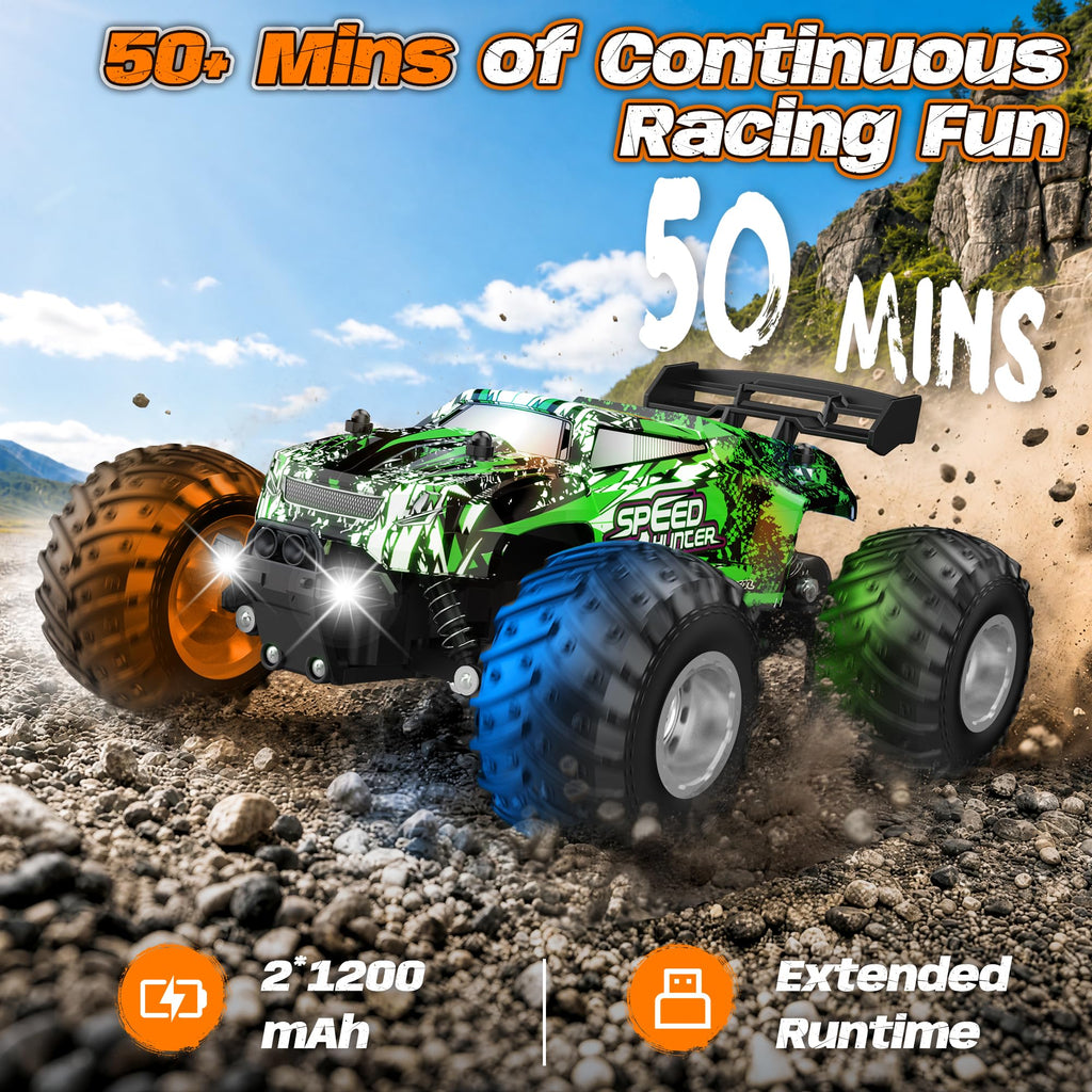 Remote Control Car All-Terrain 1:18 Rc Car with LED Lights 2 Batteries | 2WD Rc Truck, 50Min Play, 2.4GHz, 20KM/H Sturdy Off Road Remote Control Truck Toys for Boys Girls, Christmas Birthday Gift