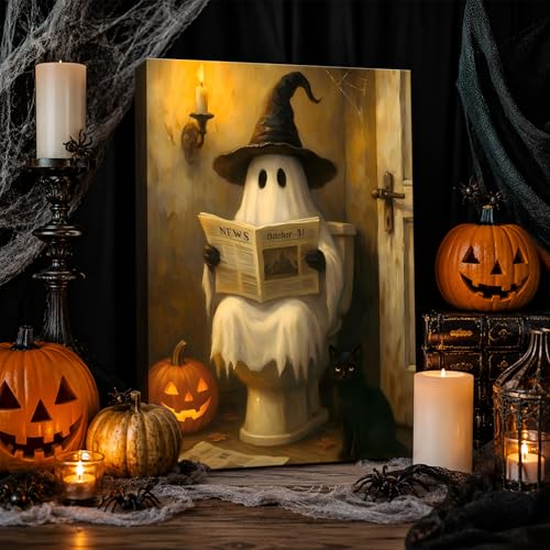 Framed Halloween Ghost Bathroom Canvas Wall Art 8x12 In, Funny Spooky Toilet Scene Canvas Prints Artwork, Dark Halloween Wall Decor Pictures for Office Home Decoration