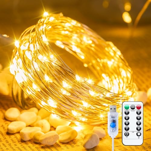 Minetom Twinkle Fairy Lights Plug in, 33ft 100 LEDs USB String Lights | with Remote and Timer, Waterproof 8 Modes for Bedroom Indoor Wreath DIY Wedding Holiday Christmas Decorations, Warm White