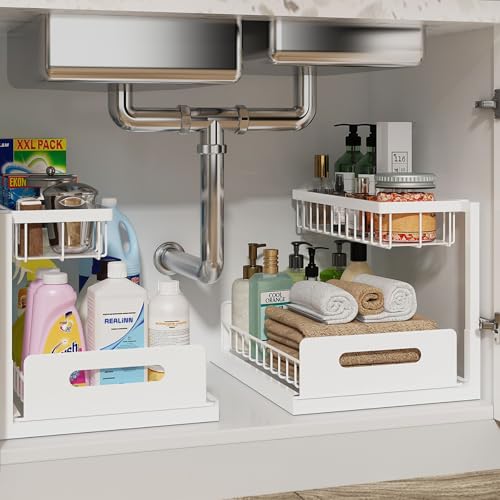 REALINN Under Sink Organizer, L-Shaped 2 Tier Pull Out Cabinet Organizer | Slide Out Under Cabinet Storage, For Kitchen and Bathroom, Metal Under Sink Storage with Sliding Drawer, 50 lbs, White 2 Pack