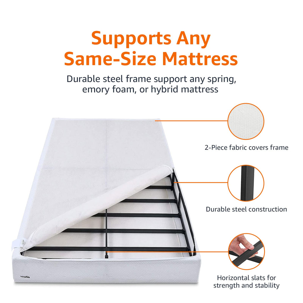 Amazon Basics Smart Box Spring Bed Base, 5-Inch Low Profile Height Mattress Foundation, Sturdy Durable Steel Support, Tool-Free Easy Assembly, Queen, 79" x 59.5" x 5", White