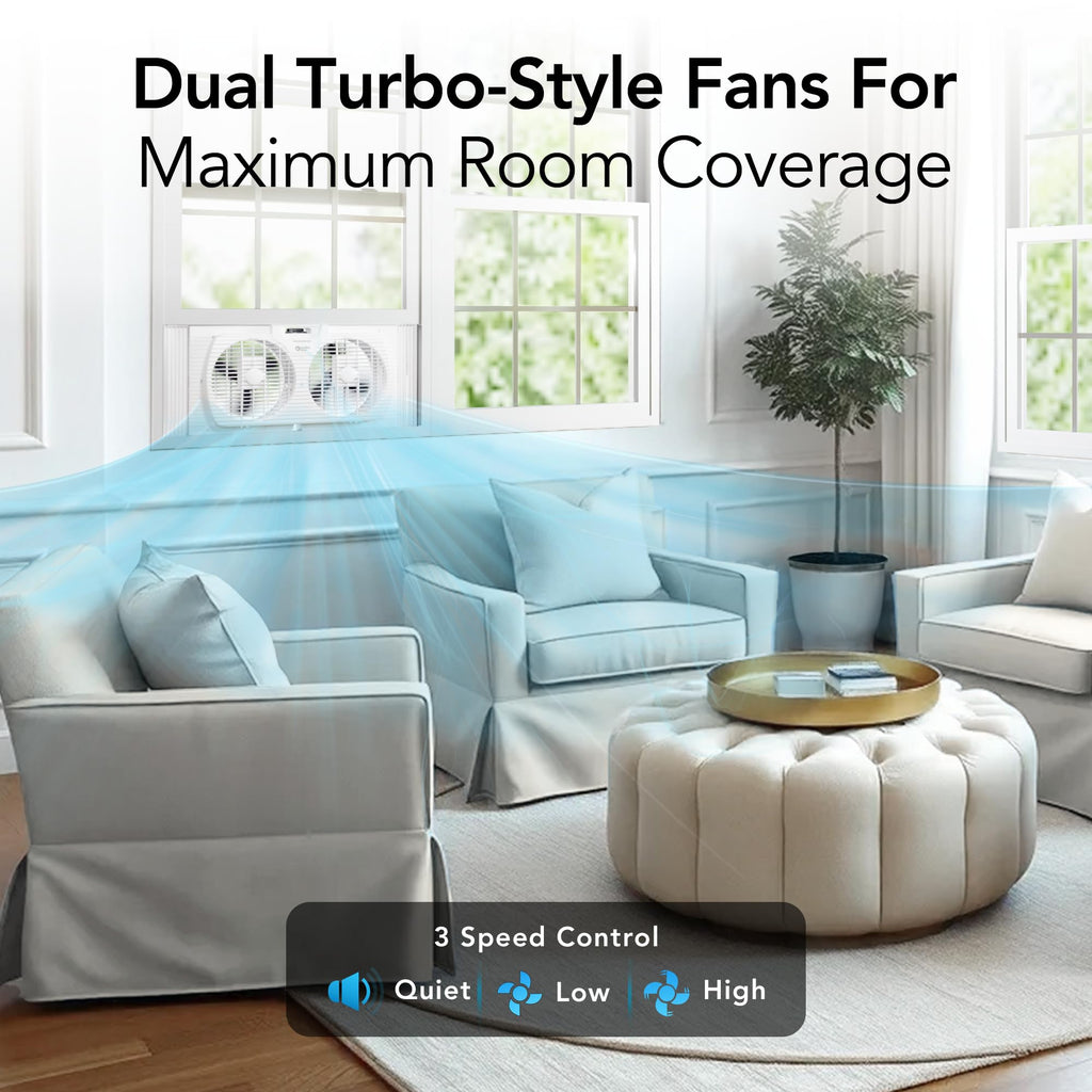 COMFORT ZONE Reversible Twin Window Fan with 3-Speeds & Expandable Width | Draw Cool Air In or Manually Reverse to Pull Warm Stale Air Out, Removeable Bug Screen, ETL Certified for Home and Kitchen