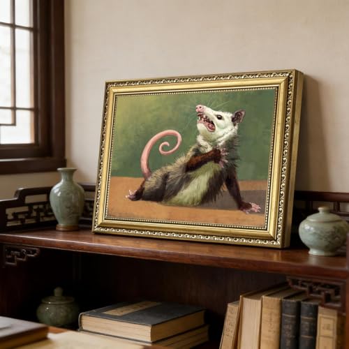 Gold Framed Funny Opossum Wall Art, Whimsical Possum Wall Decor Painting Cute Animal Poster Canvas Prints Picture for Bedroom Living Room 8x10 inch