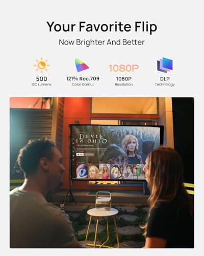 XGIMI Elfin Flip Plus Portable Projector, 500 ISO Lumens, Adjustable Stand | Google TV with Licensed Netflix, 1080P Resolution Home Projector, Lightweight and Compact Design, Screen Adaption