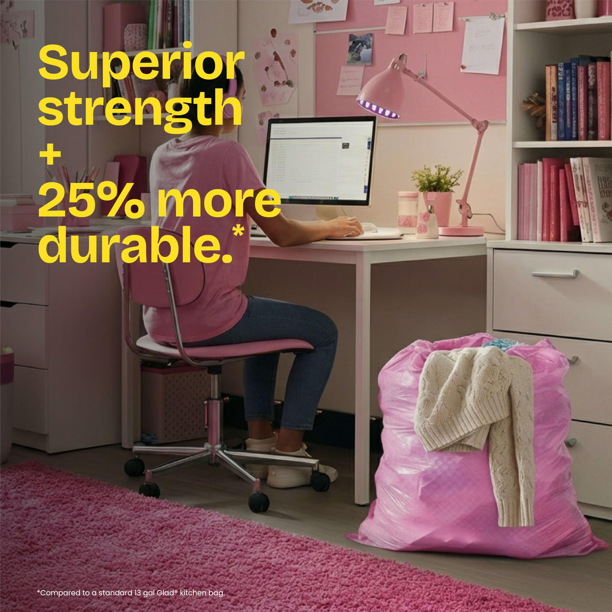 Glad ForceFlex MaxStrength Tall Kitchen Trash Bags, Rip and Tear Resistant, Cherry Blossoms Scented Pink Tall Garbage Bags, Odor Control, Febreze Freshness, 13 Gallon, 90 Count