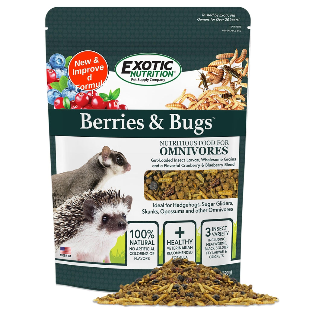 Berries & Bugs 1.5 lb - All Natural High Protein High Fiber Food for Hedgehogs, Skunks, Opossums, Sugar Gliders - Universal Insectivore Diet with Fruit, Gut-Loaded Insects, & Healthy Vitamins