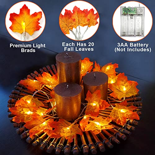 Fall Decor 2 Pack Fall Garland with Lights Enlarged Maple Leaves 20Ft 40LED | Halloween Thanksgiving Decorations, Battery Operated Waterproof Autumn String Lights Indoor Outdoor Fall Decorations for Home