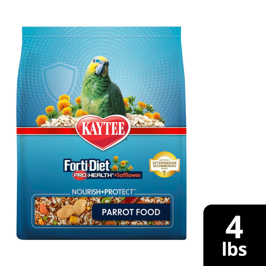 Kaytee Forti-Diet Pro Health+Safflower Parrot Food, 4 Pounds | Better digestion daily. Parrot food for medium birds. Prebiotics, probiotics, bird seed without sunflower seeds
