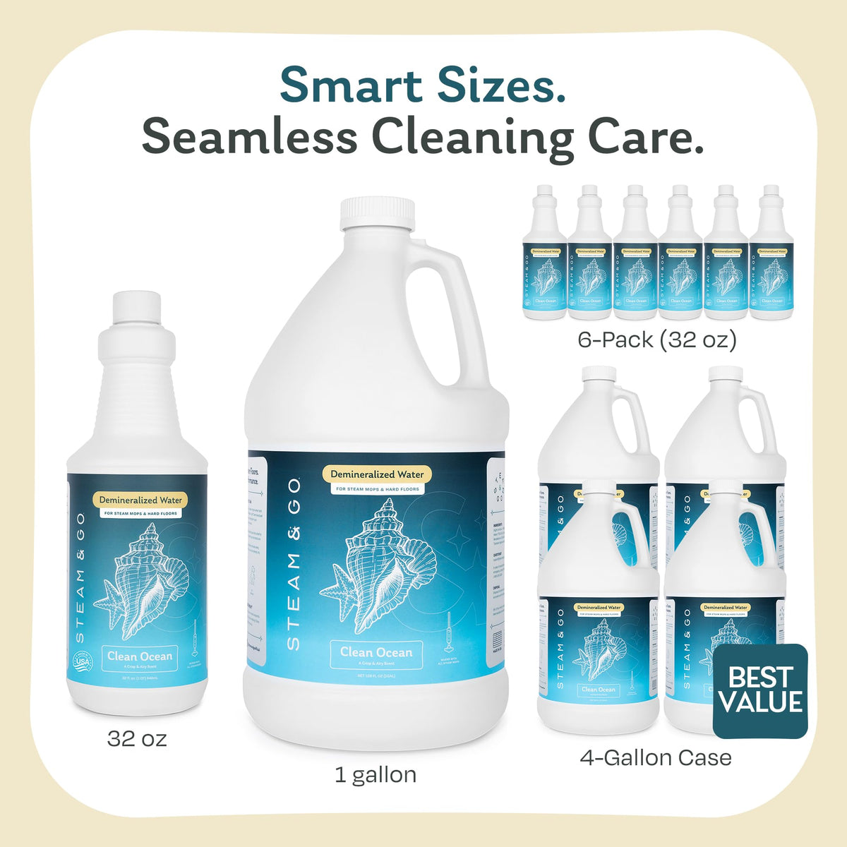 Steam & Go Demineralized Water for Steam Mop – Clean Ocean Scent, 32 oz (Pack of 1) | Scented Floor Cleaner Solution, Ready-to-Use, Compatible with Any Steam Cleaner