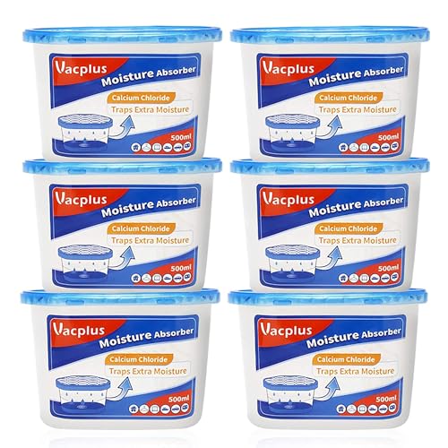 Vacplus Moisture Absorber, 10.5 OZ, Strong Absorption, Fragrance Free | Closet, Bathroom, Car, Odor Eliminator, Dehumidifier Bucket, 6 Pack