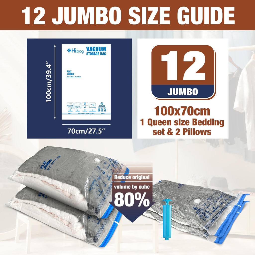 12 Jumbo Vacuum Storage Bags for Bedding, Vacuum Seal Bags for Clothing | Extra Large XL, Airtight Triple Seal, Save 80% Space, Hand Pump, Work with Vacuum, Double Zip, Reusable, Easy to Use
