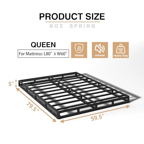 TROZULER 5 Inch Box Spring for Queen Bed, Heavy Duty Metal Mattress Foundation, 3000 lbs Capacity, Low Profile, Noise-Free, Easy Assembly with Fabric Cover
