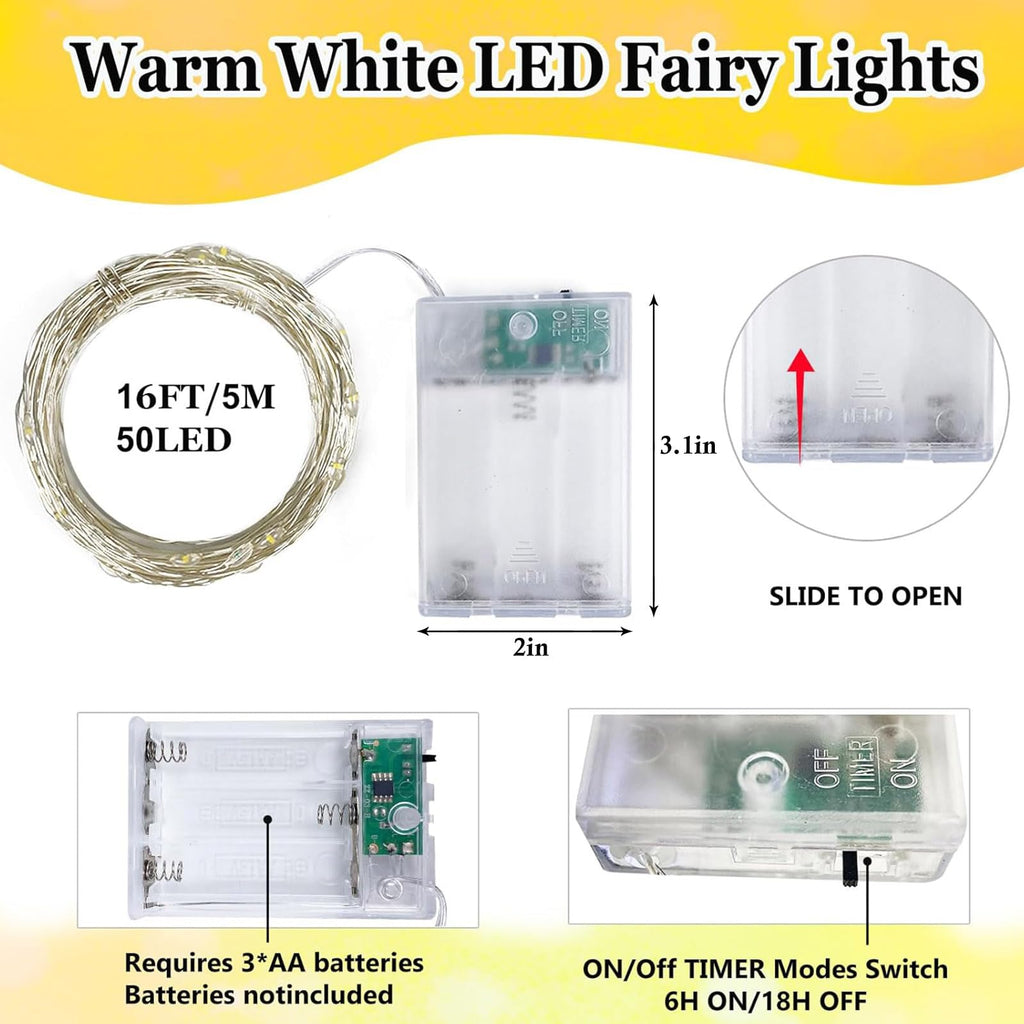 4 Pack Fairy Lights Battery Operated 16FT 50 LED String Lights Warm White | 6Hr On / 18Hr Off Timer, Flexible Waterproof Silver Wire, Cuttable Starry Fairy Light for Bedroom Dorm Wedding Home Christmas