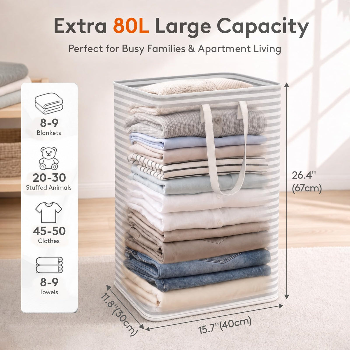 Lifewit 80L Large Laundry Baskets, Laundry Hampers Bags, 2 Pack, Grey | Freestanding, Waterproof, Collapsible Clothes Hamper with Reinforced Handles for Dorm, Laundry Room, Bedroom, Bathroom