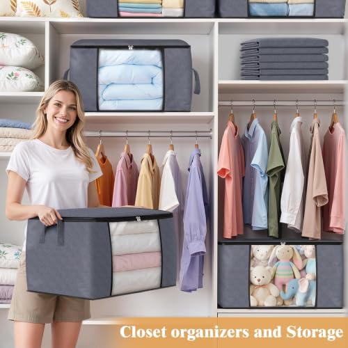 Fab totes 6 Pack Storage Bags for Clothes Blanket Storage Bins with Lids | Foldable Closet Organizers with Zippers,Window and Handles,Fabric Storage Bins for Sweater,Comforter,Bedding,Dorm essentials