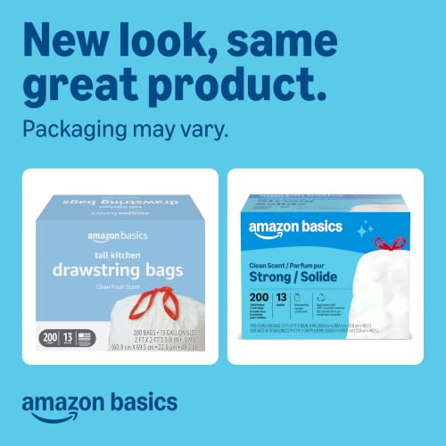 Amazon Basics Scented Trash Bags, Tall Kitchen Drawstring, Clean Scent, 13 Gallon, 200 Count, Pack of 1, Packaging May Vary