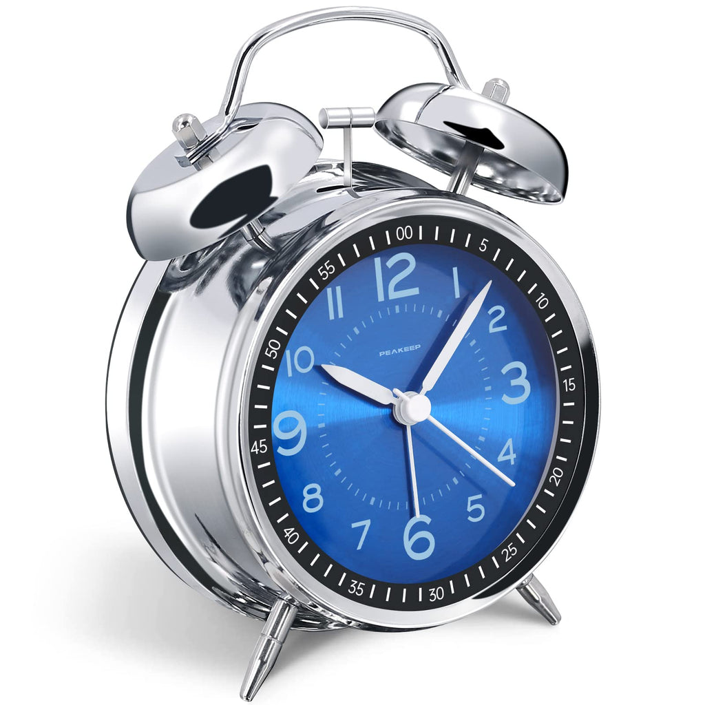 Peakeep Loud Alarm Clock for Heavy Sleepers Adults, Metal 4 Inches | Twin Bell Battery Operated Analog Alarm Clocks for Bedrooms Kids' Room Decoration (Jewel Blue)