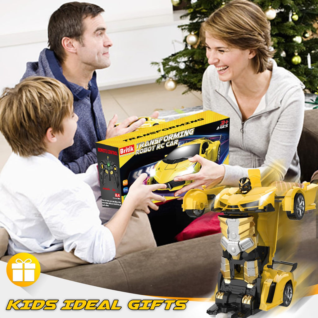 Britik Transform Remote Control Car Toys for Boys 4-6, Drift RC Car Yellow | Transform Cars, Gift for Boy Ages 4-12 Years Old, One-Button Transforming, 360° Rotation, 2.4GHZ 1:18 Scale, Robot Toy Car