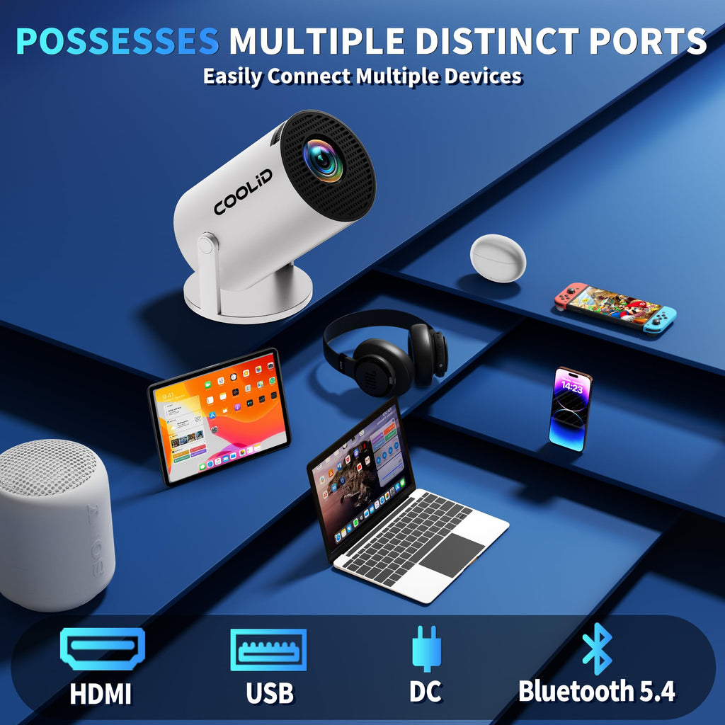[Built-in Apps & 2026 Upgraded] Mini Projector Support 4K 1080P Auto Keystone 180° Rotatable with WiFi 6 and Bluetooth 5.4, Projector Portable Compatibile with HDMI/TV Stick/Memory Stick/Laptop-White