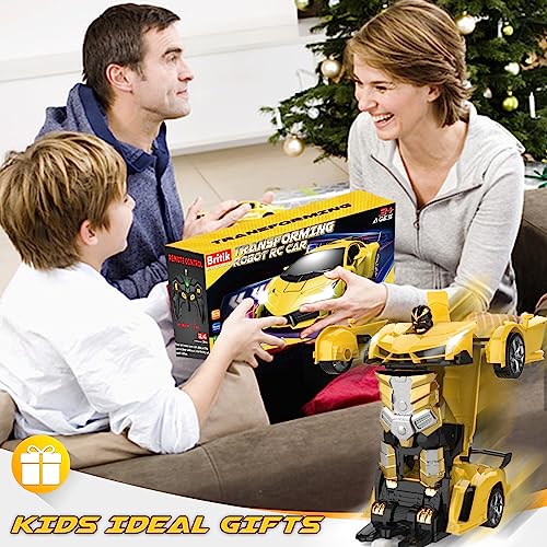 Britik Transform Remote Control Car Toys for Boys 4-6, Drift RC Car Yellow | Transform Cars, Gift for Boy Ages 4-12 Years Old, One-Button Transforming, 360° Rotation, 2.4GHZ 1:18 Scale, Robot Toy Car