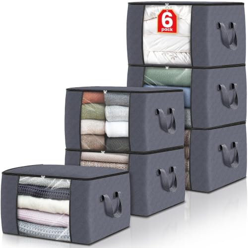 Fab totes 6 Pack Storage Bags for Clothes Blanket Storage Bins with Lids | Foldable Closet Organizers with Zippers,Window and Handles,Fabric Storage Bins for Sweater,Comforter,Bedding,Dorm essentials