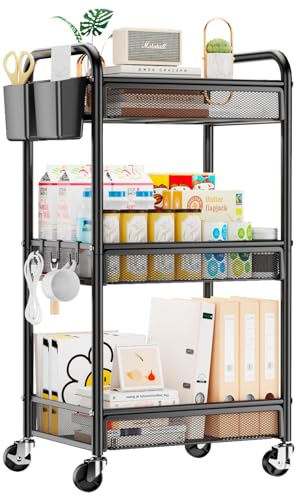YASONIC 3 Tier Metal Rolling Cart, Black Utility Storage Cart with Wheels | Metal Mesh Craft Cart With Hooks & Hanging Cups, Ideal For Kitchen, Bathroom, Office, Dorm, Art Workspace, Bedside Storage
