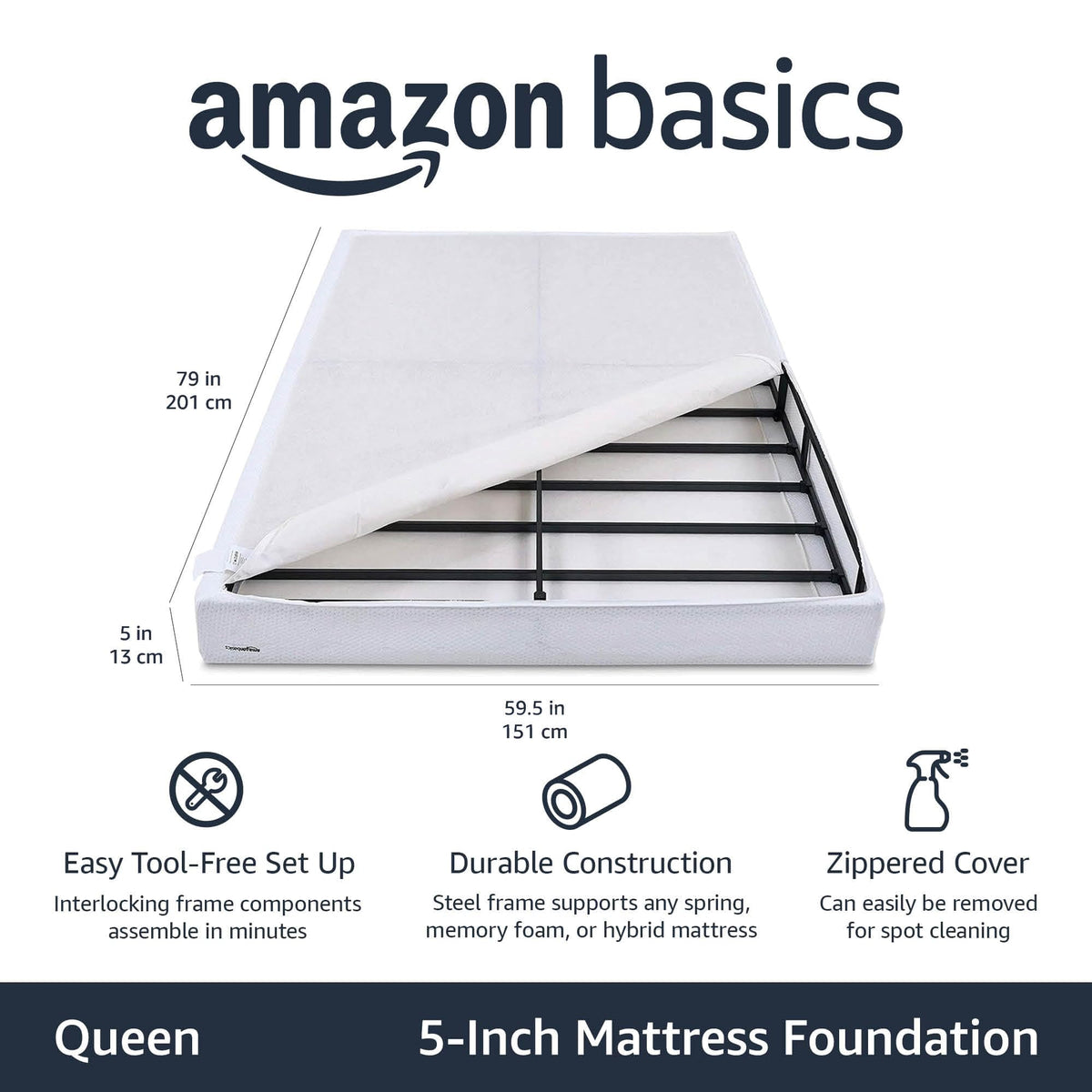 Amazon Basics Smart Box Spring Bed Base, 5-Inch Low Profile Height Mattress Foundation, Sturdy Durable Steel Support, Tool-Free Easy Assembly, Queen, 79" x 59.5" x 5", White