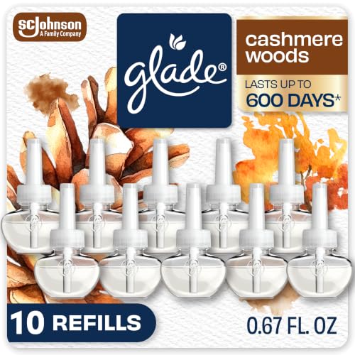 Glade PlugIns Air Freshener Refills, Cashmere Woods, 10 Count | 0.67 fl oz Each, Includes 10 Refills, Scented and Essential Oils for Home and Bathroom Use, Fits Glade PlugIn Warmer