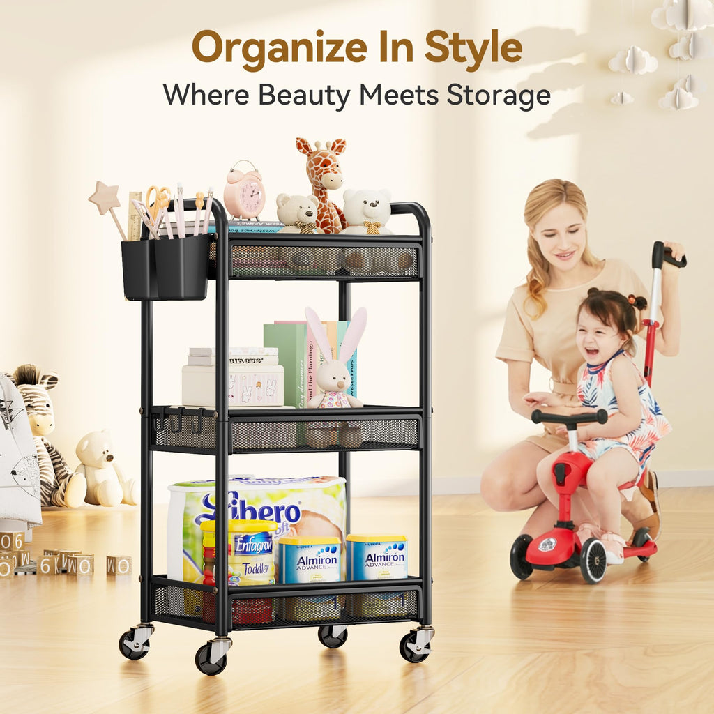 YASONIC 3 Tier Metal Rolling Cart, Black Utility Storage Cart with Wheels | Metal Mesh Craft Cart With Hooks & Hanging Cups, Ideal For Kitchen, Bathroom, Office, Dorm, Art Workspace, Bedside Storage