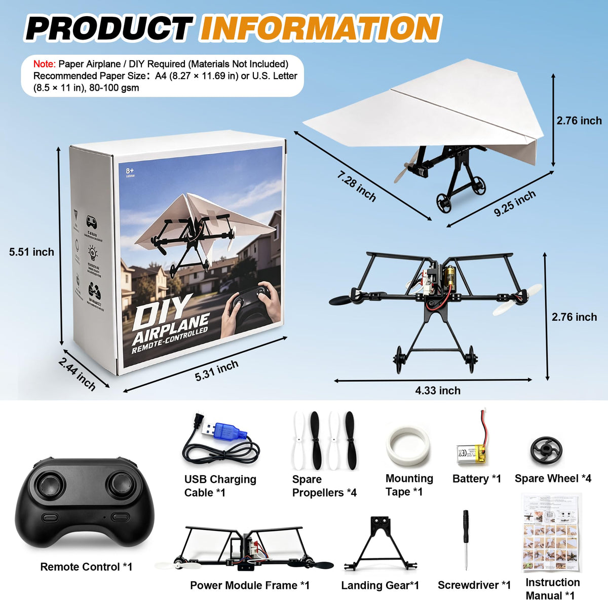 Virellia 1-Pcs DIY RC Paper Airplane Kit for Hobbyists, Pilots & Beginners | DIY Remote Control Airplane Kit for Kids Adults, Easy to Fly with Gyro Stabilizer, Dual Propellers, Lightweight, Foldable
