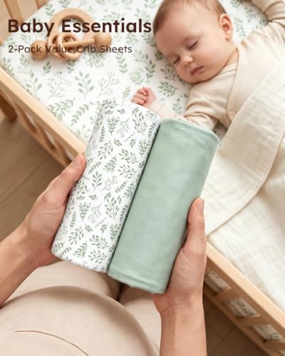 Yoofoss 2-Pack Baby Crib Sheets for Boys Girls 52x28 (Green+Leaf) | Soft & Breathable & Cozy, Fitted Crib Mattress Cover Set for Baby Bed and Toddler Mattress