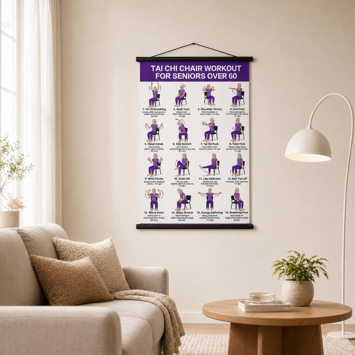 Tai Chi Chair Workout Chart, Chair Tai Chi for Seniors Poster, 16 x 24 Inch | Seated Tai Chi for Beginners: 16 Illustrated Chair Exercises for Balance, Flexibility and Mobility, Easy to Roll Up and Store