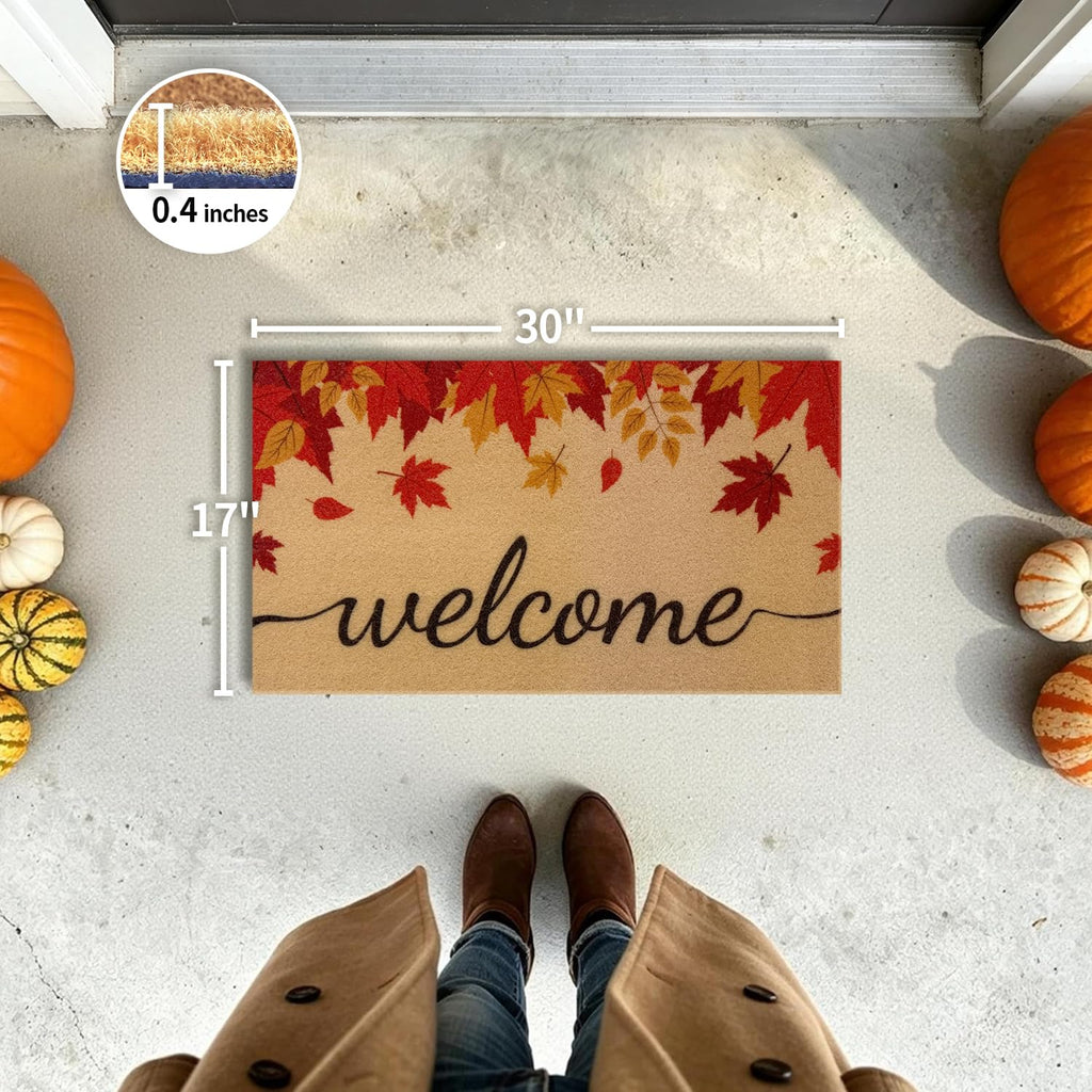 PKFEDR Fall Door Mat, Non Slip Front Welcome Mat Outdoor Indoor 17"x30" | Heavy Duty Washable Doormat Traps Mud, Low Profile Anti Slip Backing, Adds Cozy Fall Decor to Your Entrance Patio & Porch