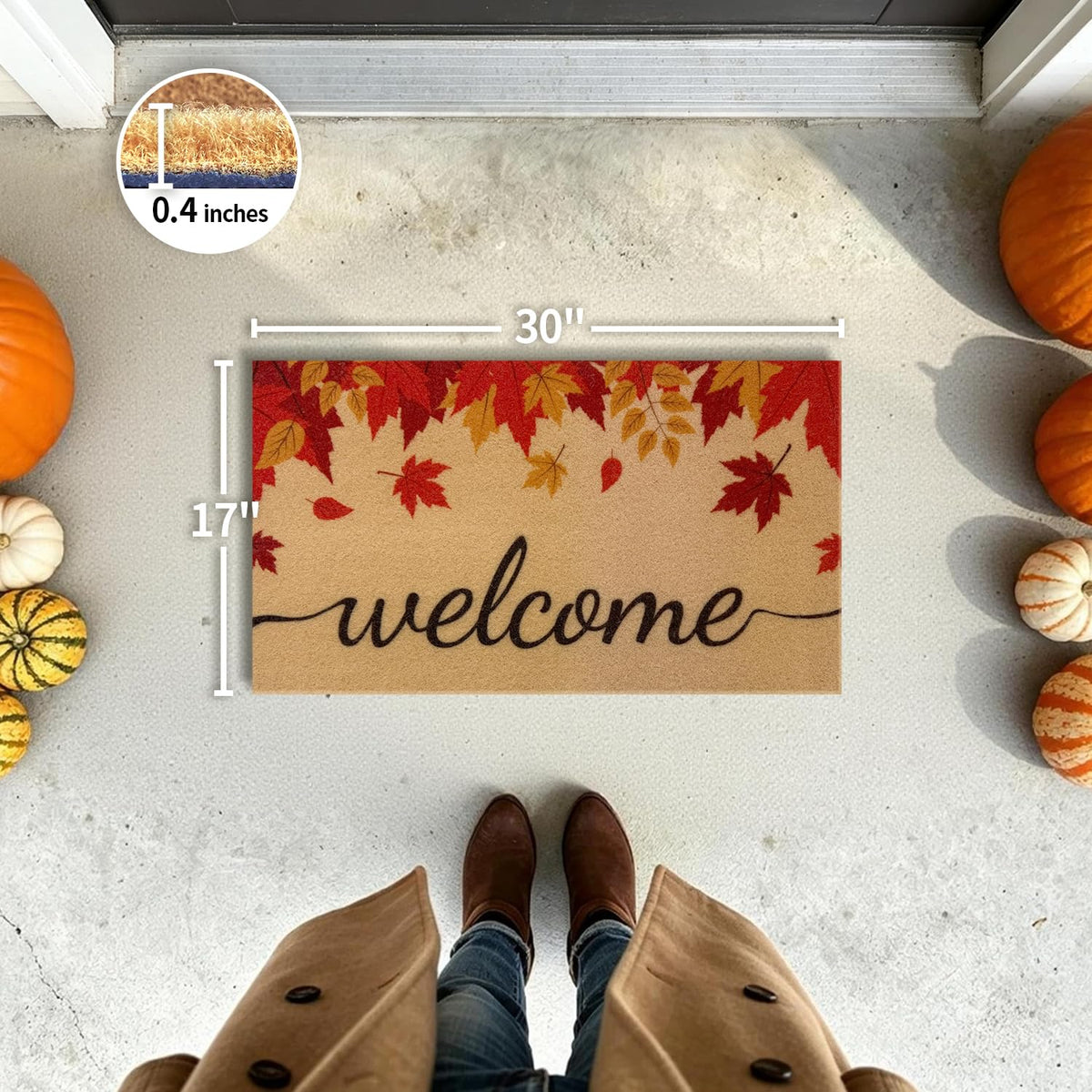 PKFEDR Fall Door Mat, Non Slip Front Welcome Mat Outdoor Indoor 17"x30" | Heavy Duty Washable Doormat Traps Mud, Low Profile Anti Slip Backing, Adds Cozy Fall Decor to Your Entrance Patio & Porch