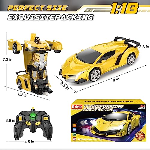 Britik Transform Remote Control Car Toys for Boys 4-6, Drift RC Car Yellow | Transform Cars, Gift for Boy Ages 4-12 Years Old, One-Button Transforming, 360° Rotation, 2.4GHZ 1:18 Scale, Robot Toy Car