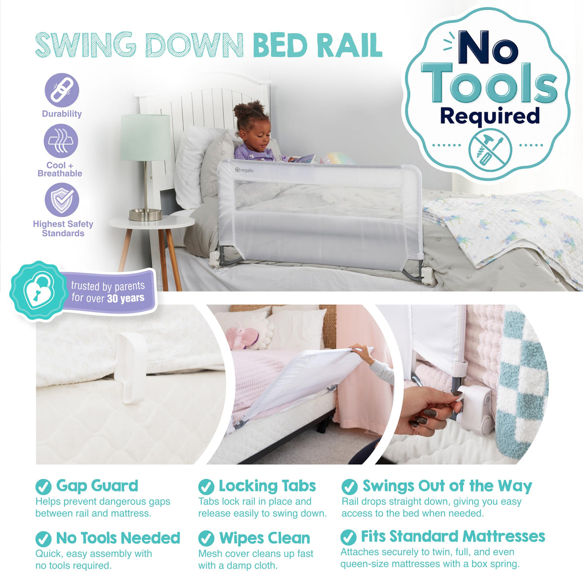 Regalo Swing Down Toddler Bed Rail Guard, NO Tools Required, Bed Rail for Toddlers with Patented Gap Guard, Toddler Bed Rail, Fits Twin, Full & Queen Beds, Bed Safety Rail for Kids Bed, 43” Long