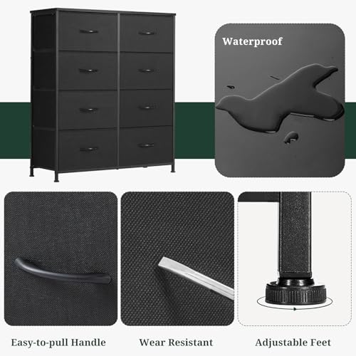 8-Drawer Dresser for Bedroom, Anti-Tip Tall Storage Organizer | Chest of Drawers with Wooden Top and Metal Frame Fabric Bins for Closet, Living Room, Hallway, Entryway, Black