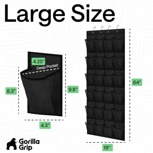 GORILLA GRIP Over the Door Shoe Organizer, 24 Large Pockets, Black | Breathable Mesh Pocket, Space Saving Hanging Storage Holder, Closet Rack Hanger for Shoes, Pantry and Bathroom Accessories