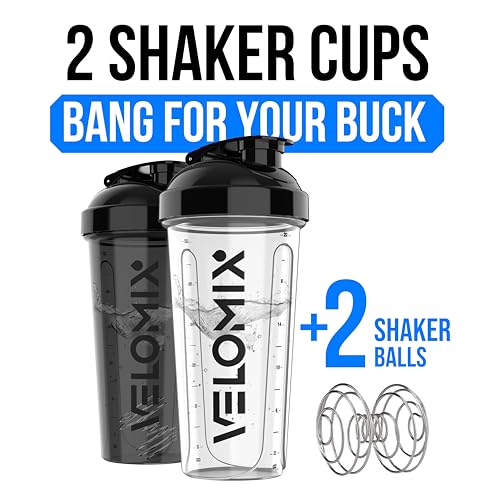 VELOMIX 2 Pack 28oz Protein Shaker Bottle for Protein Mixes, Black/Transpar | 2x Wire Whisk, Leak Proof Shaker Cups for Protein Shakes, Stackable, Dishwasher safe, BPA free, Pre Workout and Fitness ready