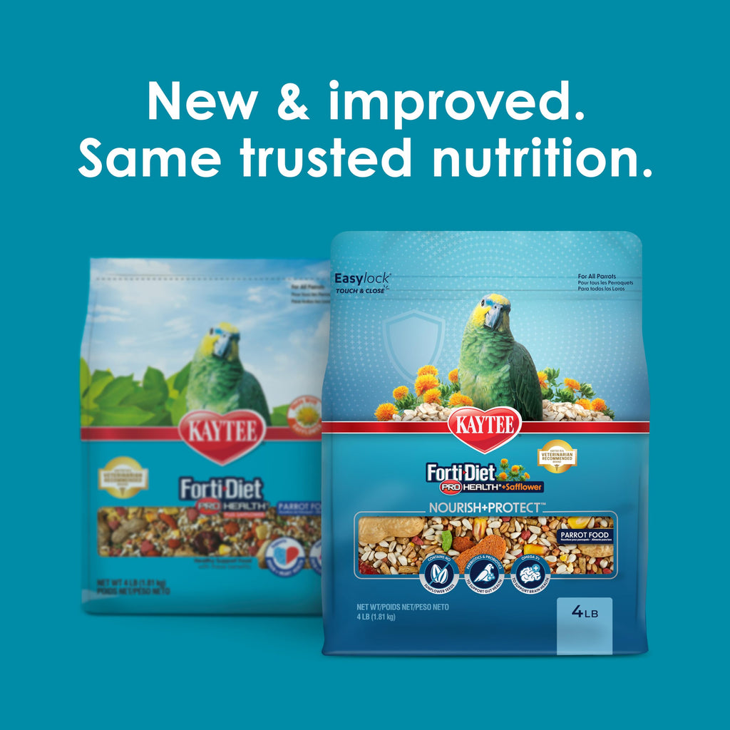 Kaytee Forti-Diet Pro Health+Safflower Parrot Food, 4 Pounds | Better digestion daily. Parrot food for medium birds. Prebiotics, probiotics, bird seed without sunflower seeds