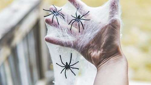 Happy Hippo Halloween Spider Web Decoration, 200 Square Feet & Plastic Spiders, Halloween Party Supplies, Spider Webs (Small, 200 Sq Feet) (8 Fake Spiders Included)