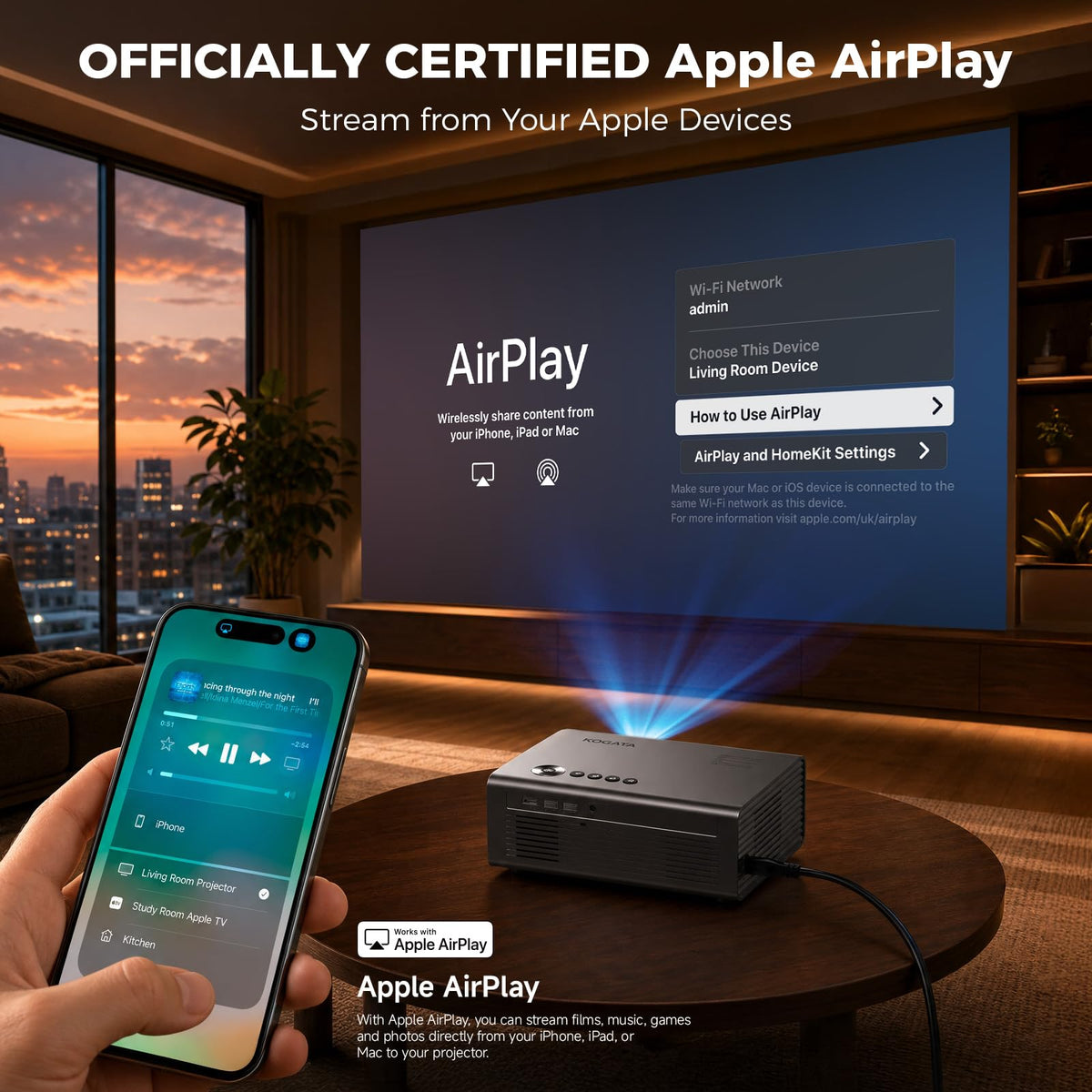 Smart Projector-4K with Wifi Bluetooth, AI Auto Focus Keystone Outdoor Home Theater VIDAA Movie Projector Built-in Apps, 60W Dolby, Airplay, Voice Control, Live TV, Ceiling, Gaming, Camping