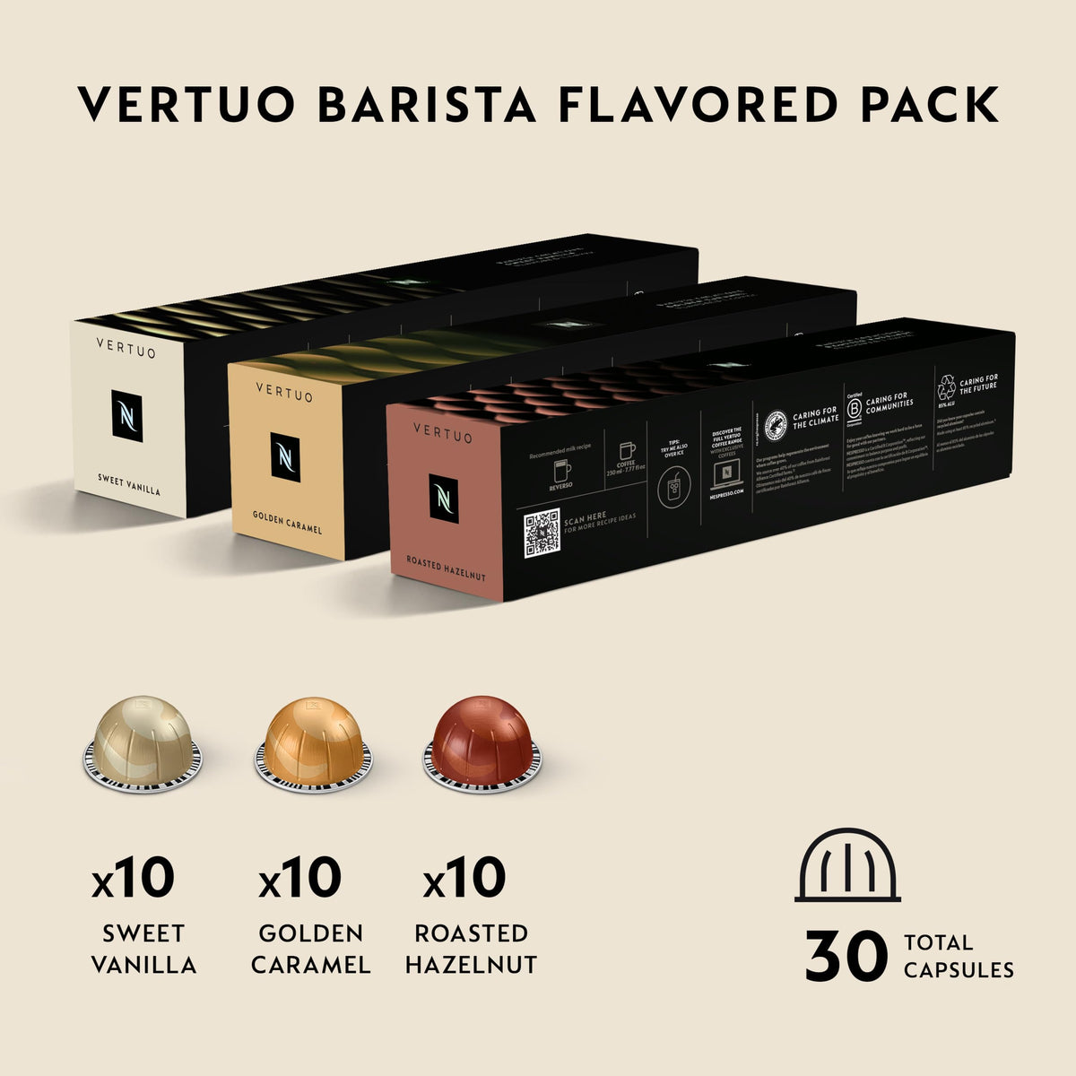 Nespresso Vertuo, Barista Flavored Pack, Medium Roast, 30-Count Coffee Pods | Medium-Roast Coffee Capsules, Caramel, roasted hazelnut and sweet vanilla flavors