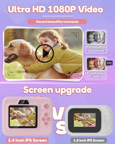 Dylanto Kids Camera Instant Print,1080P Kids Instant Cameras that Print Photos,Christmas Birthday Gifts for Girls Age 3-12,Portable Toy for 3 4 5 6 7 8 9 10 Year Old Girls Boys Pink