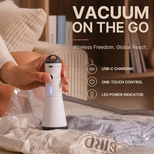 Vacbird Travel Vacuum Bags with Rechargeable Pump, Carry-On Space Saver | See Contents Easily with Transparent Bags, 1500mAh Pump Compresses 90+ Bags, Carry-On Size for Easy Travel Packing